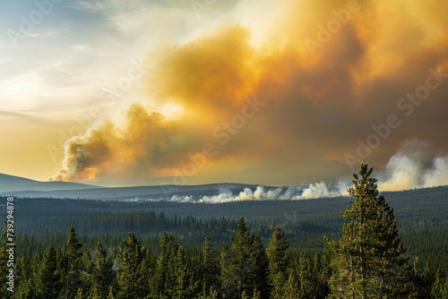 From a far vantage point, a forest is consumed by distant wildfires, with plumes of smoke rising on the horizon, Photo --ar 3:2 --stylize 50 --v 6 Job ID: 0fee817a-48f9-4984-b662-c013a69f7dbc