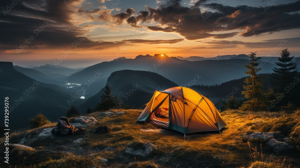 Campsite in a remote area at dawn, tent set up with a view of mountains in the distance, conveying the peacefulness and beauty of camping in nature, Photorealis