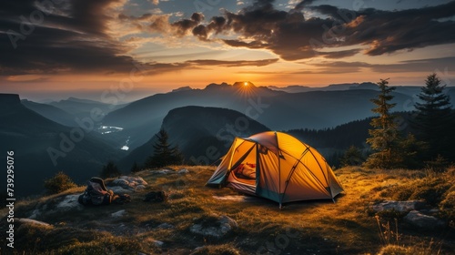 Campsite in a remote area at dawn, tent set up with a view of mountains in the distance, conveying the peacefulness and beauty of camping in nature, Photorealis