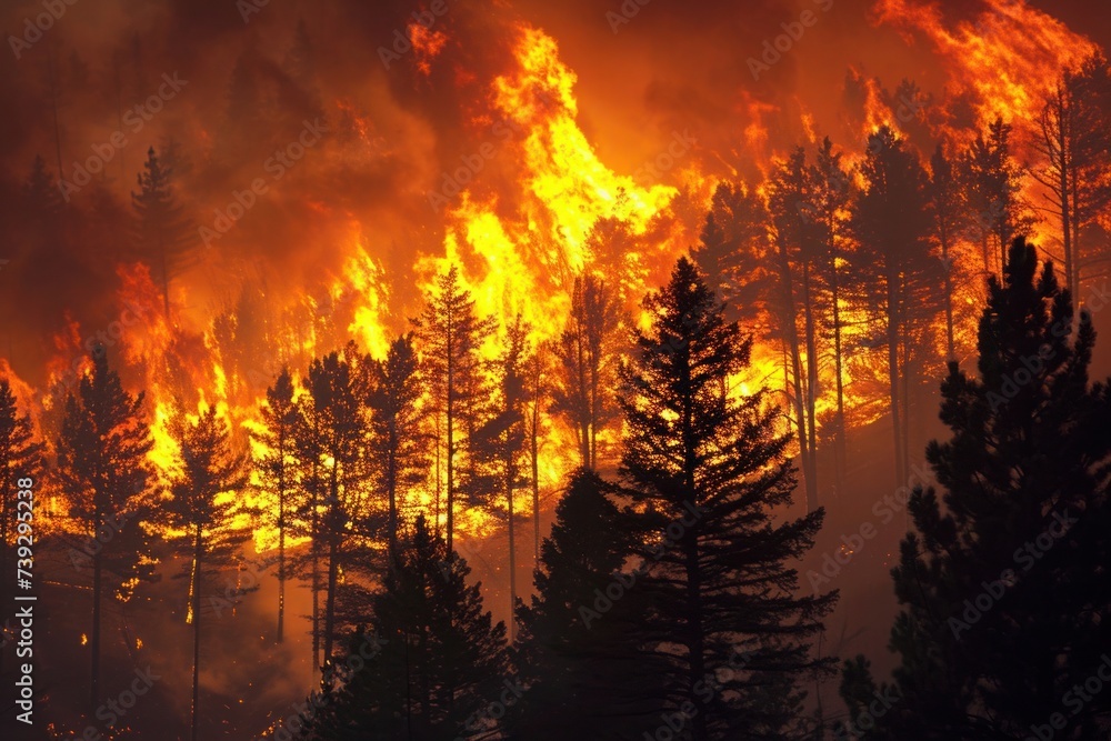Intense forest fire sweeps through the trees, leaving destruction in its wake and creating a wall of flames, Photo --ar 3:2 --stylize 50 --v 6 Job ID: 03d505e2-108e-4fe2-8d16-82e3c00a6dd9