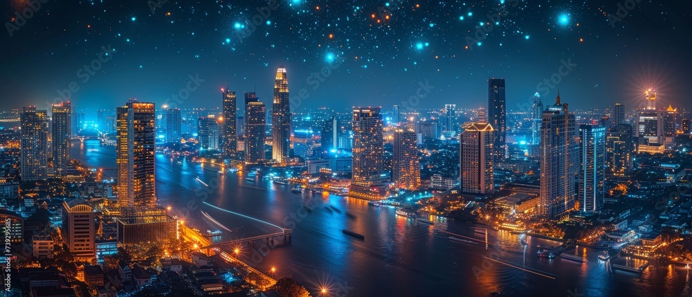 An image of a wireless network and connection technology concept with Bangkok city background at night in Thailand, with a panoramic view - obrazy, fototapety, plakaty 