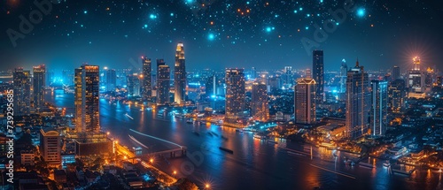 An image of a wireless network and connection technology concept city background at night , with a panoramic view © Zaleman