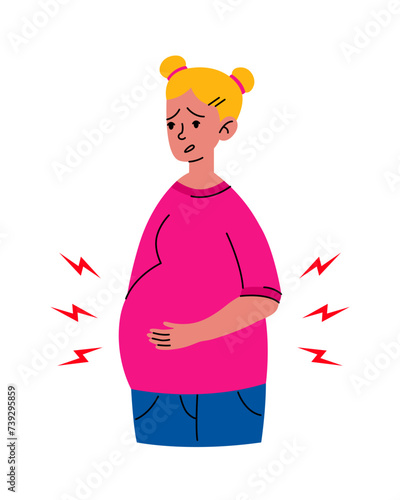 Worried Pregnant girl stomach ache. Mother in bad condition. Sickness, Pregnancy symptoms, motherhood, Health problem concept. Premature birth, contractions.