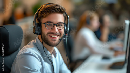 person in the office, young man works on pc with headphones and microphone, call center