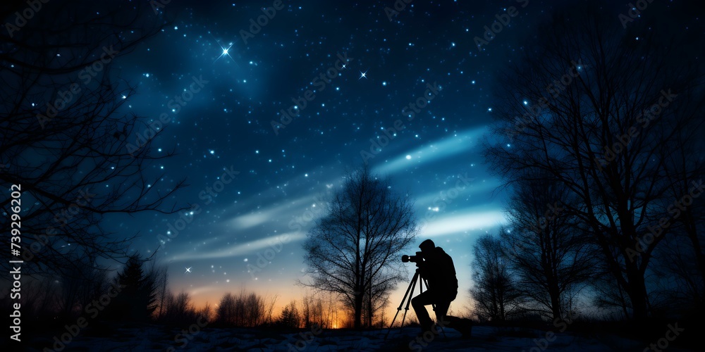 Capturing the Breathtaking Night Sky with a Silhouette-Style Camera on Tripod. Concept Night Sky Photography, Silhouette Style, Camera on Tripod, Breathtaking Views
