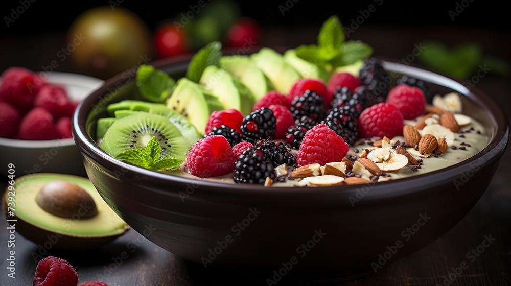 Close-up of a smoothie bowl with fresh fruits, nuts, and seeds, highlighting the nutritious and delicious aspects of vegan eating, Photorealistic, vegan smoothi Close-up of a smoothie bowl with fresh fruits, nuts, and seeds, highlighting the nutritious and delicious aspects of vegan eating, Photorealistic, vegan smoothi