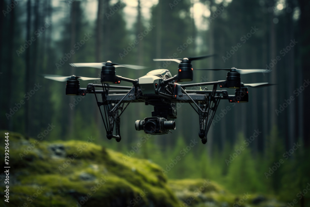 Flying drone with mountain and forest background Flying drone with mountain and forest background