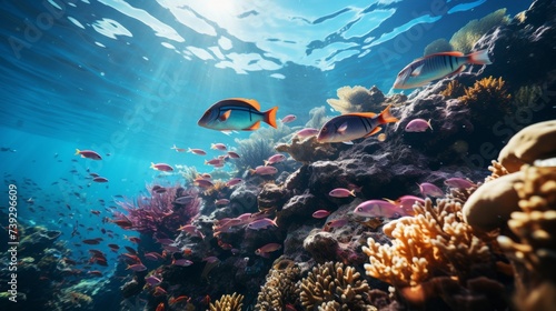 Diver s fins and air bubbles underwater  coral reef and colorful fish visible  emphasizing the beauty and exploration of scuba diving  Photorealistic  underwate