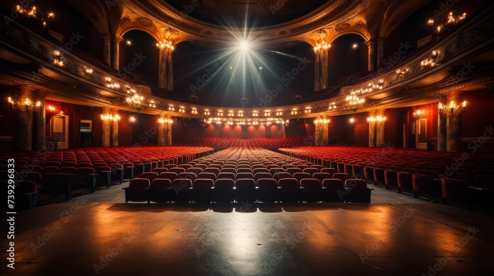Empty auditorium with rows of seats facing a grand stage, anticipation of a performance, focusing on the architectural beauty and grandeur of a modern theater, Empty auditorium with rows of seats facing a grand stage, anticipation of a performance, focusing on the architectural beauty and grandeur of a modern theater,