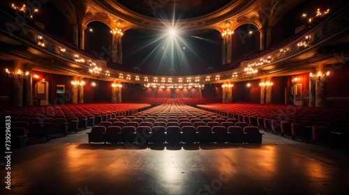Empty auditorium with rows of seats facing a grand stage, anticipation of a performance, focusing on the architectural beauty and grandeur of a modern theater, © ProVector
