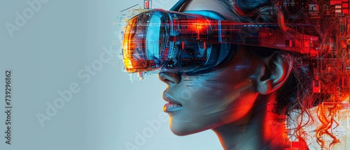 An image of a woman wearing virtual reality glasses. Future technology concept.