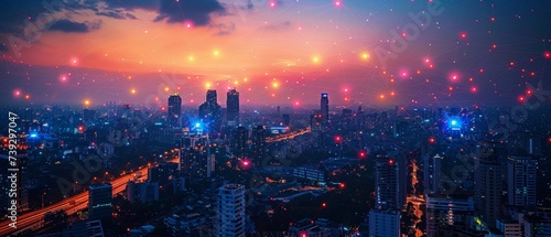 A modern city with a wireless network connection and a cityscape concept, with wireless technology as a background. An image of a wireless network and connection at night with a cityscape background.