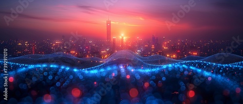 In this image, digital blue wavy wires and antennas are seen against a night-time skyline of a megapolis city with a double exposure on the background of a smart city and big data connection