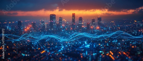 With wavy blue digital wires with antennas against a night metropolis city skyline in a double exposure, this is a concept of smart city and big data connections. photo