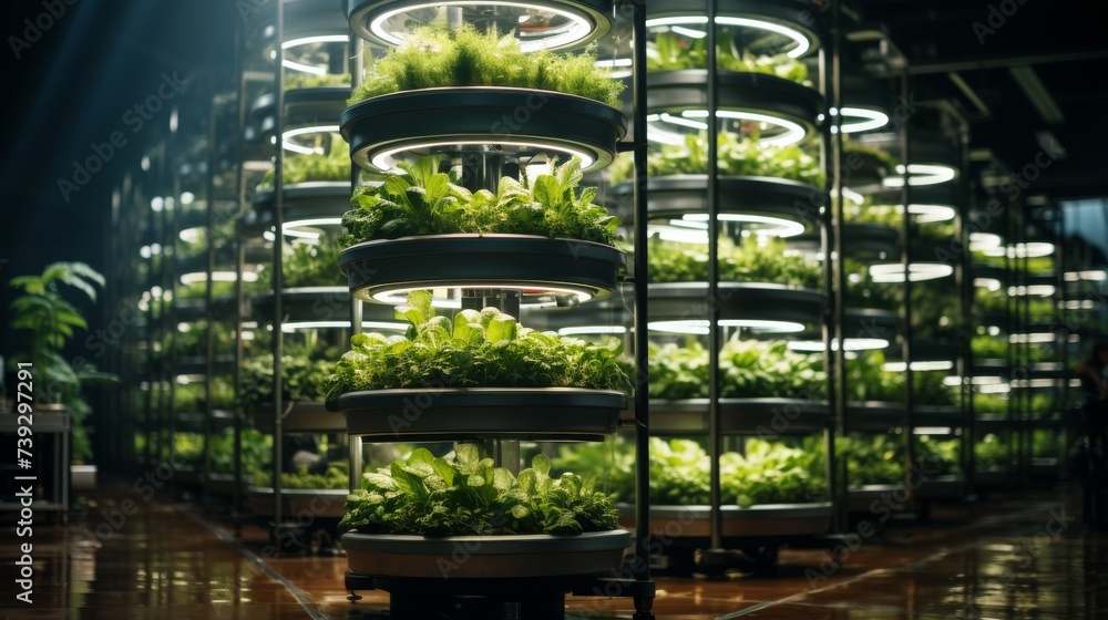 An indoor vertical farm with layers of greenery, advanced hydroponic systems visible, soft, artificial lighting creating a surreal, futuristic ambiance, Photogr