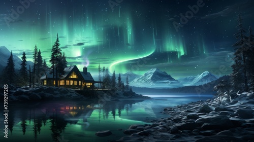 An isolated cabin in the Arctic tundra, the Northern Lights illuminating the sky above, the silent, frozen landscape offering a serene, otherworldly beauty, Pho © ProVector