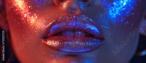 Model with metallic silver lips posing in bright neon blue and purple lights in a studio, beautiful girl with glowing make-up and glittering makeup.