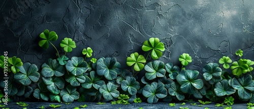 Black background with leaves on St. Patrick's Day. Shamrock leaves for a pub party. Space for your text. Art design, wide format banner.