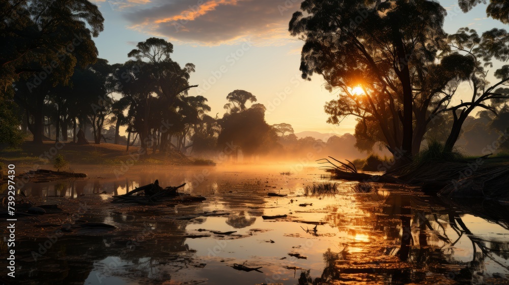 Early morning river scene, trees and sunrise sky reflected on the still water, conveying the peacefulness and symmetry in nature, Photorealistic, river reflecti