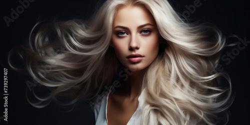 Young woman with long blonde hair on dark background. Glossy wavy white hair