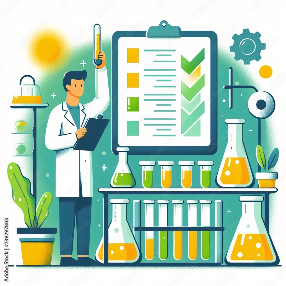 This is an illustration with a scientist, checklist, and laboratory ...