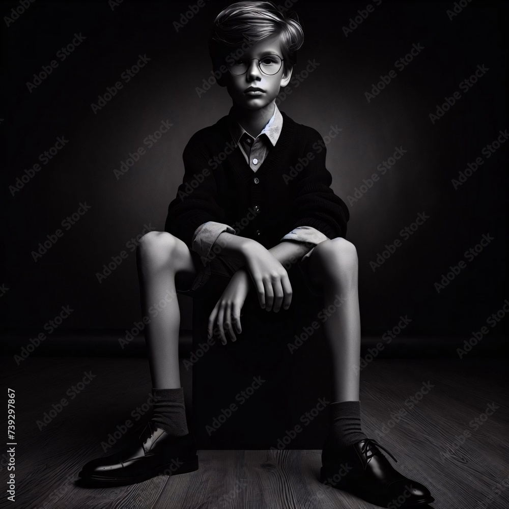 Portrait of a child sitting in the middle of deep darkness. The sharp contrast of light and shadow creates a mysterious, captivating atmosphere, inviting viewers into a world of mystery and introspect Portrait of a child sitting in the middle of deep darkness. The sharp contrast of light and shadow creates a mysterious, captivating atmosphere, inviting viewers into a world of mystery and introspect