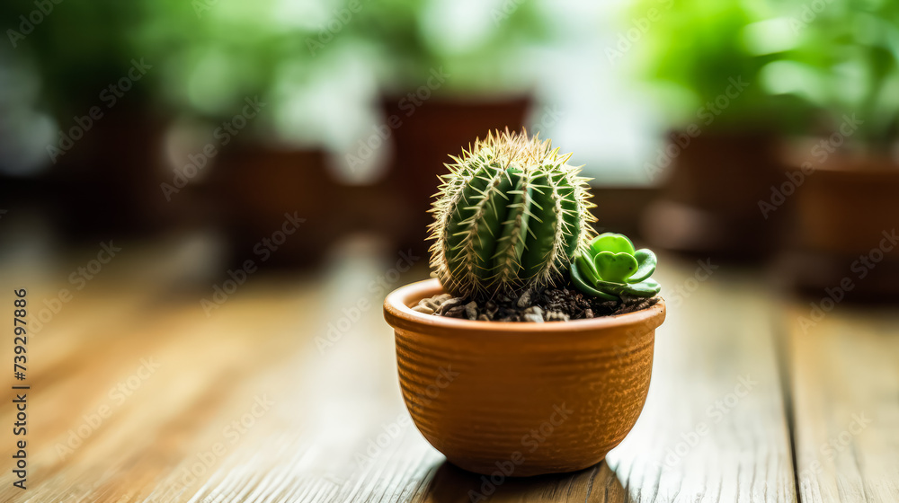 A small cactus sits nestled in a pot, adding a touch of desert charm to a wooden table, perfect for adding greenery to any indoor space or garden area. A small cactus sits nestled in a pot, adding a touch of desert charm to a wooden table, perfect for adding greenery to any indoor space or garden area.