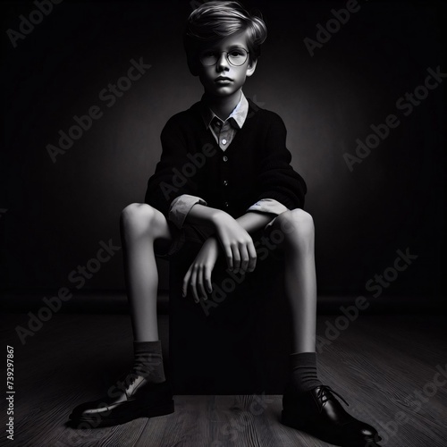 Portrait of a child sitting in the middle of deep darkness. The sharp contrast of light and shadow creates a mysterious, captivating atmosphere, inviting viewers into a world of mystery and introspect photo