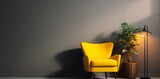 Cozy corner with yellow armchair and plant by a floor lamp in a dimly lit room