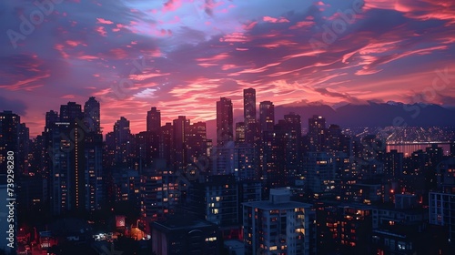 Dramatic sunset over urban skyline: city's silhouette against fiery skies