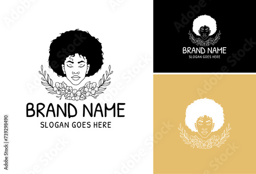 Portrait of a beautiful girl with curly hair. Set logo design for hair salon beauty.
