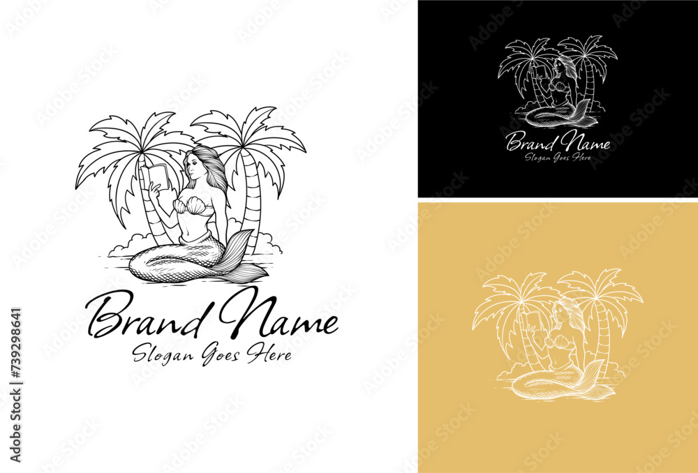 A beauty mermaid is sitting on the beach, and two palm trees are growing near her, illustration set logo.
