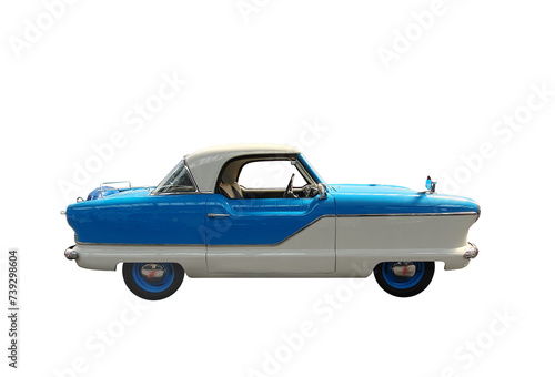 Classic vehicle design , blue and white,  1950s,  elegant vintage style , isolated  side view . 