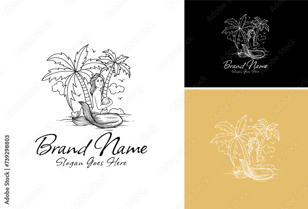 A beauty mermaid is sitting on the beach, and two palm trees are growing near her, illustration set logo.
A beauty mermaid is sitting on the beach, and two palm trees are growing near her, illustration set logo.