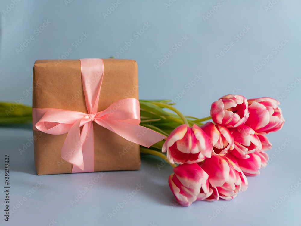 Spring flowers banner Pink tulips with a gift with a pink satin bow on a blue background. International women's day background Spring flowers banner Pink tulips with a gift with a pink satin bow on a blue background. International women's day background