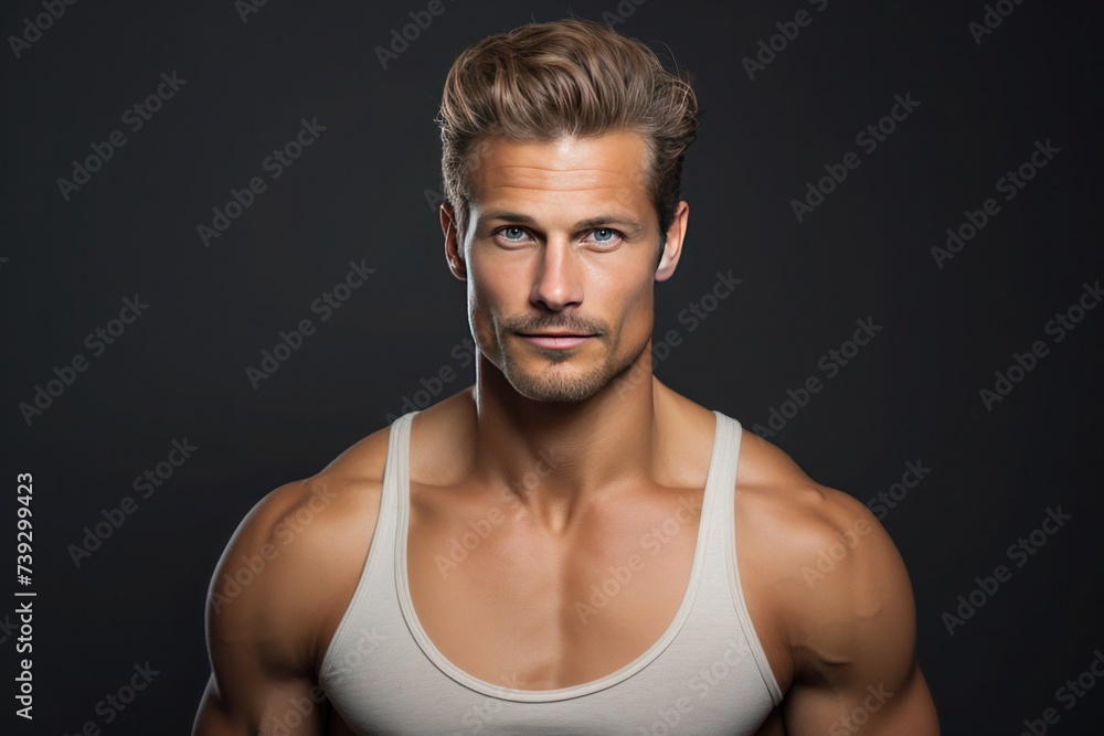 Handsome tanned guy, athletic build with short well-groomed dark blonde hair in a white T-shirt on gray background Handsome tanned guy, athletic build with short well-groomed dark blonde hair in a white T-shirt on gray background