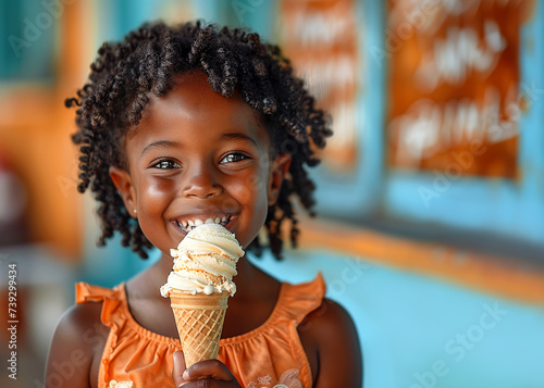 A black laughing child in a red dress eats ice cream on a hot day. Ice cream in a waffle cone. A happy and contented child at summer.