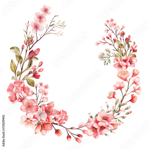 Watercolor wreaths with pink wild spring flowers for Valentines day romantic illustration