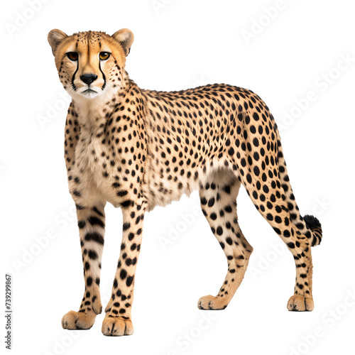 Cheetah in front of a white, standing, isolated on transparent background
