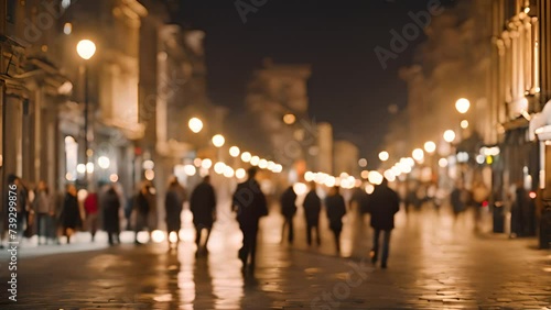 Busy street people moving in crowded night city street. Motion blur night lights. Shopping,business people walking in city 4k video beauty photo