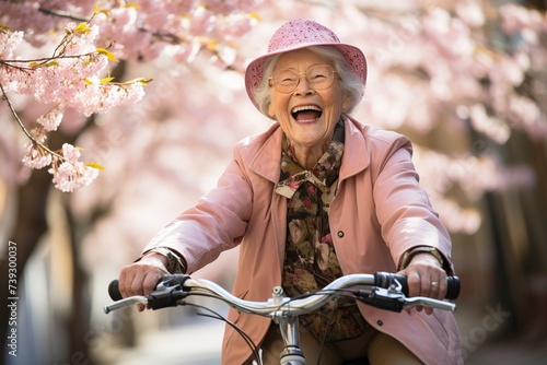 happy smiling senior woman riding a bicycle through a park with pink cherry blossoms © Маргарита Вайс