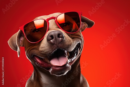 happy smiling pitbull dog in red sunglasses on a bright red background photo