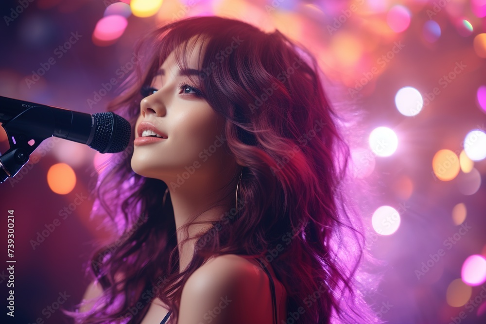 young charming Asian k-pop idol girl on stage singing into a microphone on bright concert lighting background young charming Asian k-pop idol girl on stage singing into a microphone on bright concert lighting background