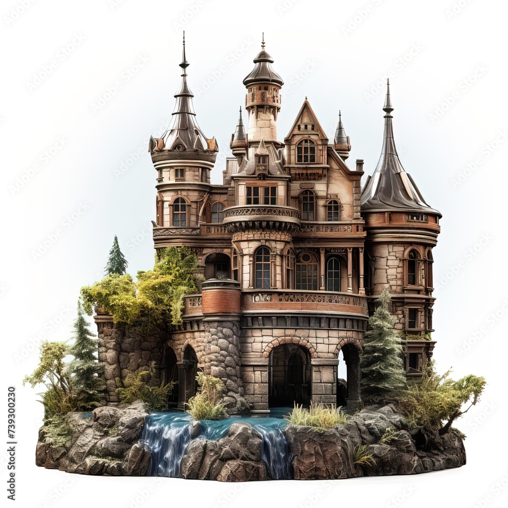 fantasy medieval ancient castle on a rock on a white background