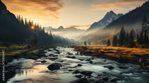 A serene mountain valley at dawn, mist rising from the meadows, rugged peaks in the background bathe