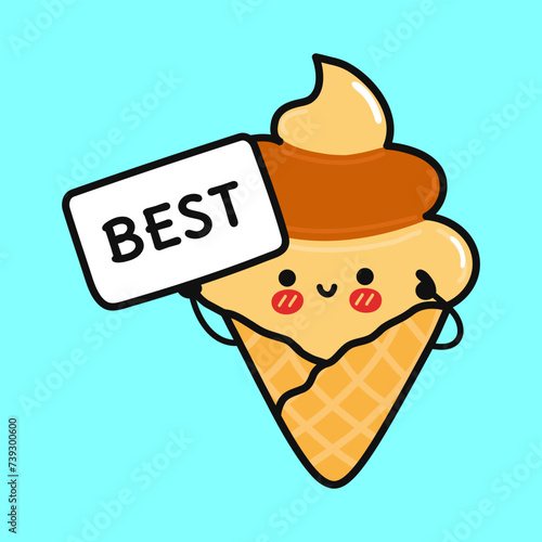 Cute Ice cream with poster best. Vector hand drawn cartoon kawaii character illustration icon. Isolated on blue background. Ice cream think concept