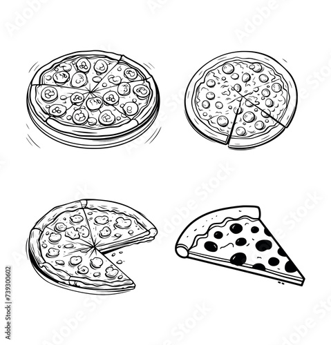 Set of pizza illustration coloring page - coloring book for kids