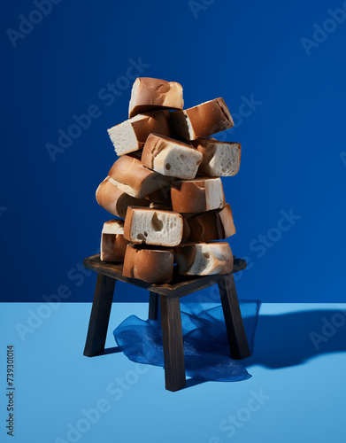 A pile of bread rolls on a stool. Advertisement for bakeries.Trendy social mockup or wallpaper with copy space.Top view.Generative AI