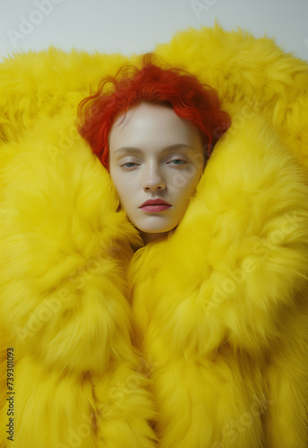 woman lies in yellow fur.Minimal creative fashion advertise concept.Trendy social mockup or wallpaper with copy space.Top view generative AI
