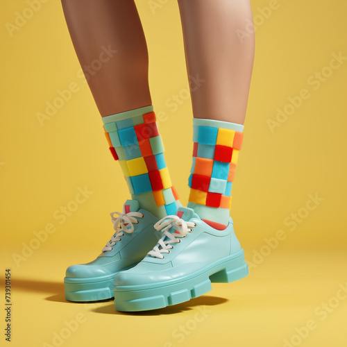 legs of a person in colorful pastel socks and sneakers.Minimal creative fashion advertise concept.Trendy social mockup or wallpaper with copy space.Top view.Generative AI